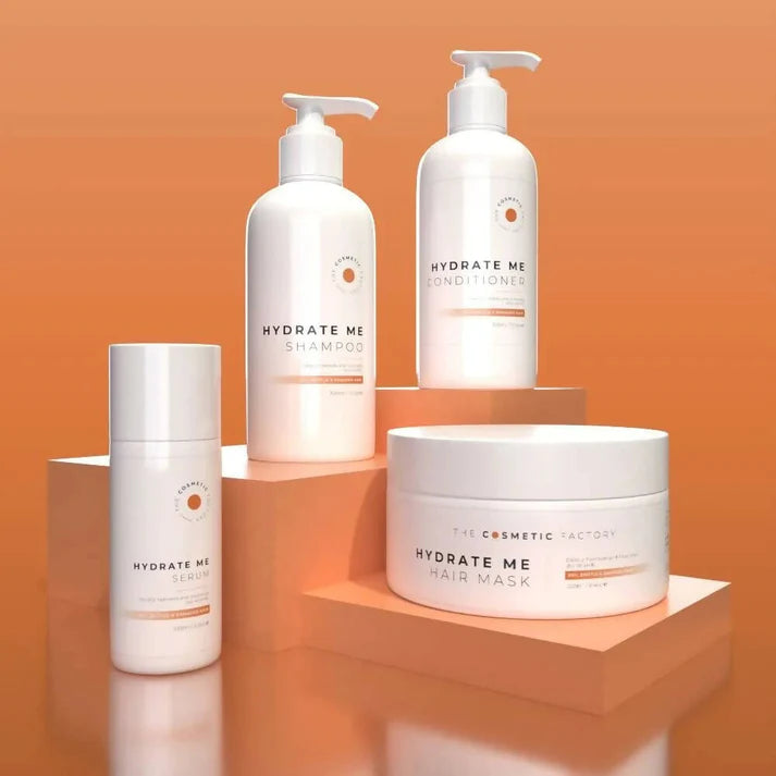 containers of hydrate me hair mask 250ml on an orange background.