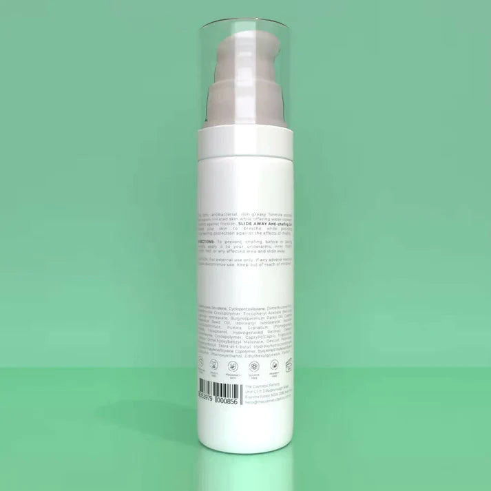 a bottle of slide away anti-chafing gel 50ml sitting on a green surface.